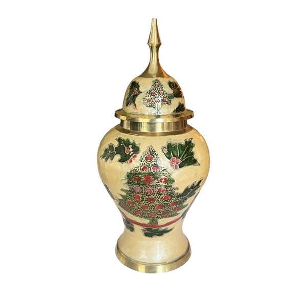 Vintage Brass Ginger Jar with Lid Christmas Tree/Holly Design Decor - Picture 2 of 10